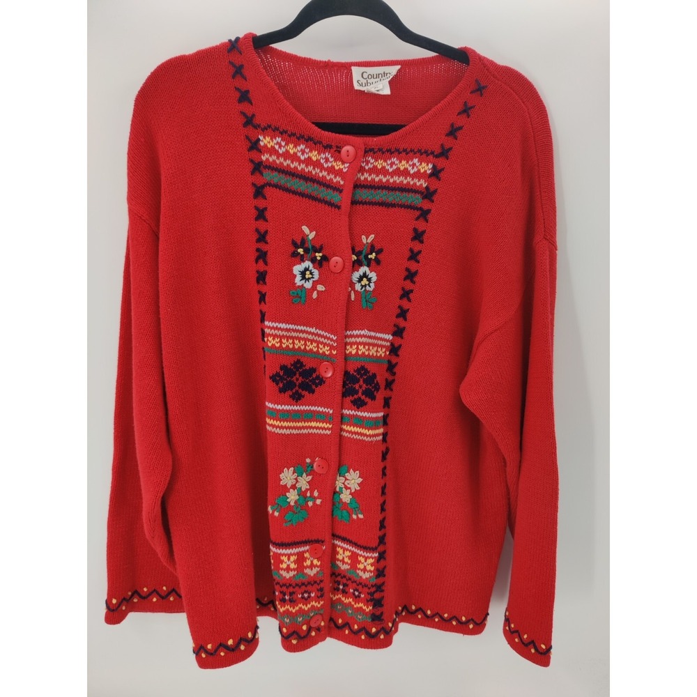 Country Suburbans Red Embroidered Floral Fair Isle Cardigan Sweater XL Vintage